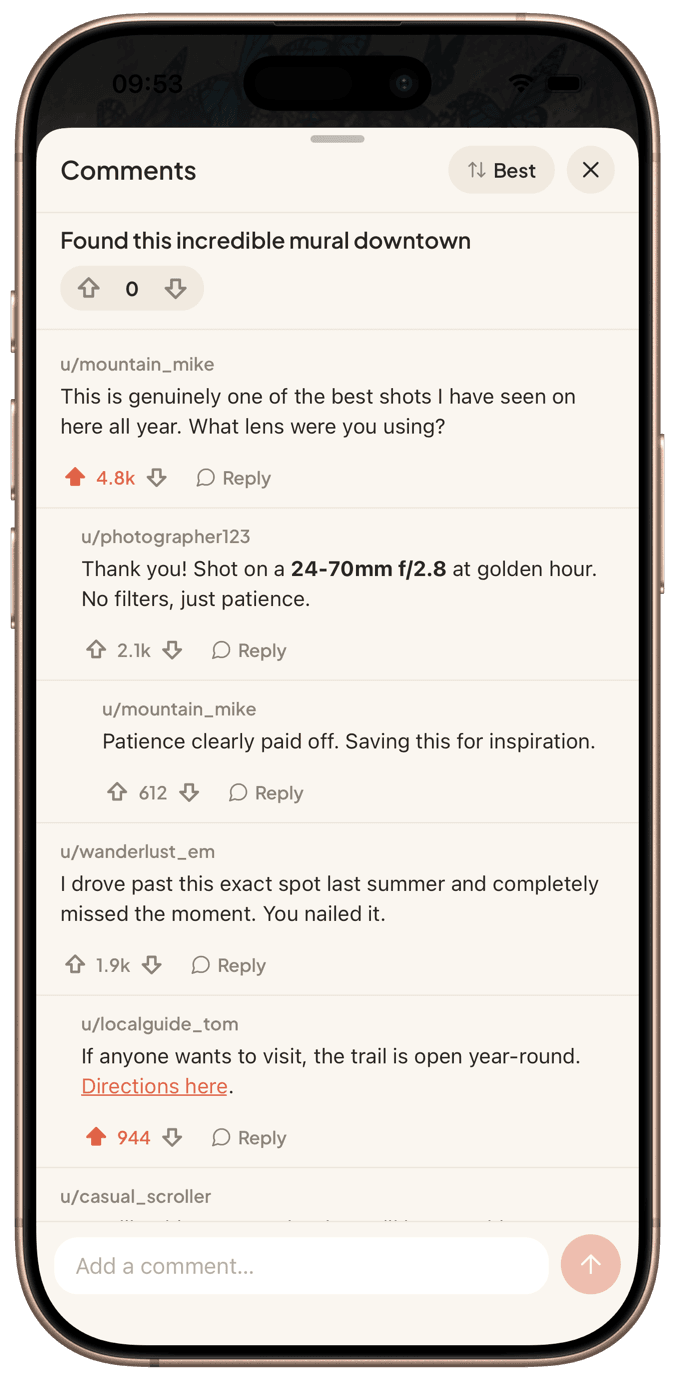 Comment thread with voting and replies in SubStory