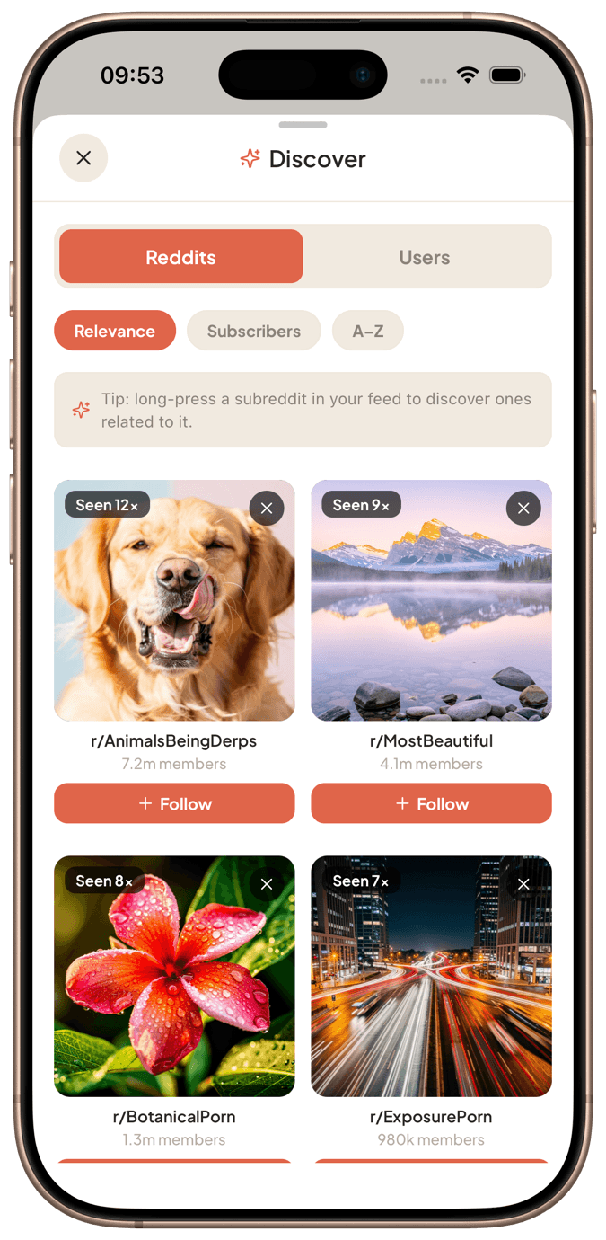 Discover screen recommending subreddits in SubStory